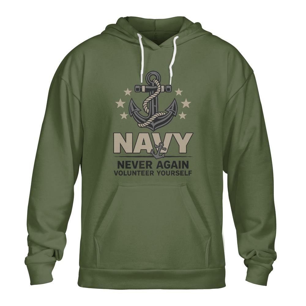 Navy Anchor Unisex Hoodie: Never Again Volunteer Yourself Funny Gift