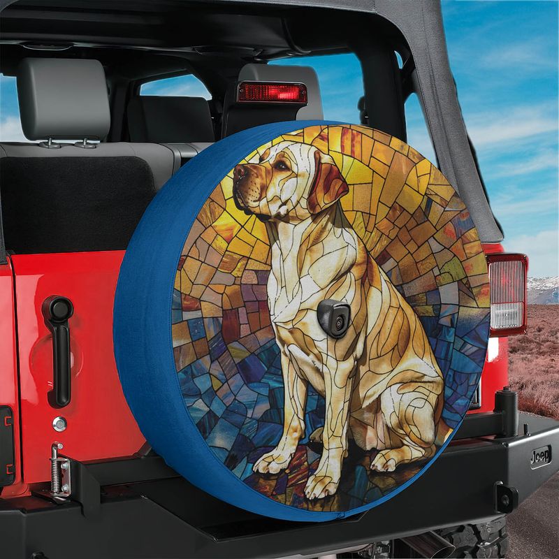 Golden Labrador mosaic tire cover on red Jeep Wrangler showing stained glass lab with camera cutout