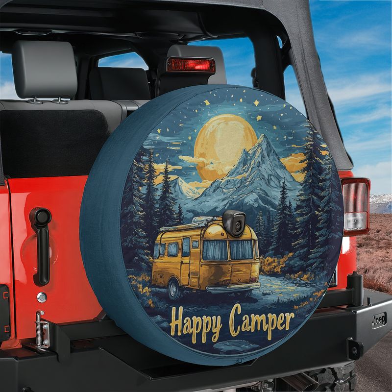 Happy Camper tire cover round detail yellow camper van mountain pine forest under golden full moon