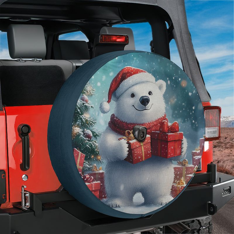 Winter Wonderland Bear spare tire cover product shot showing the round festive polar bear artwork on canvas cover