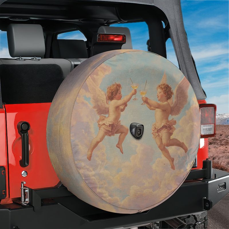 Angels' Toast spare tire cover with cherubs toasting champagne shown on red Jeep Wrangler