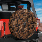 Gingerbread cookie tire cover on red Jeep Wrangler iced holiday cookies pattern with camera cutout