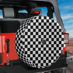 Black and white checkered board spare tire cover shown mounted on red Jeep Wrangler back