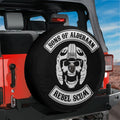 Sons of Alderaan Rebel Scum spare tire cover mounted on red Jeep rear with parody sci-fi rebel emblem and text