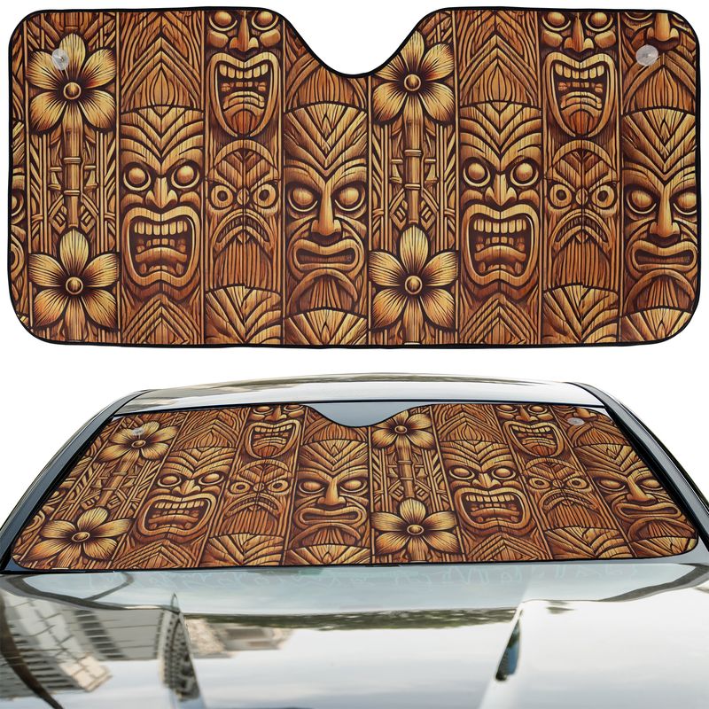Tribal Tiki woodgrain auto sunshade artwork displayed flat above an installed windshield mockup view