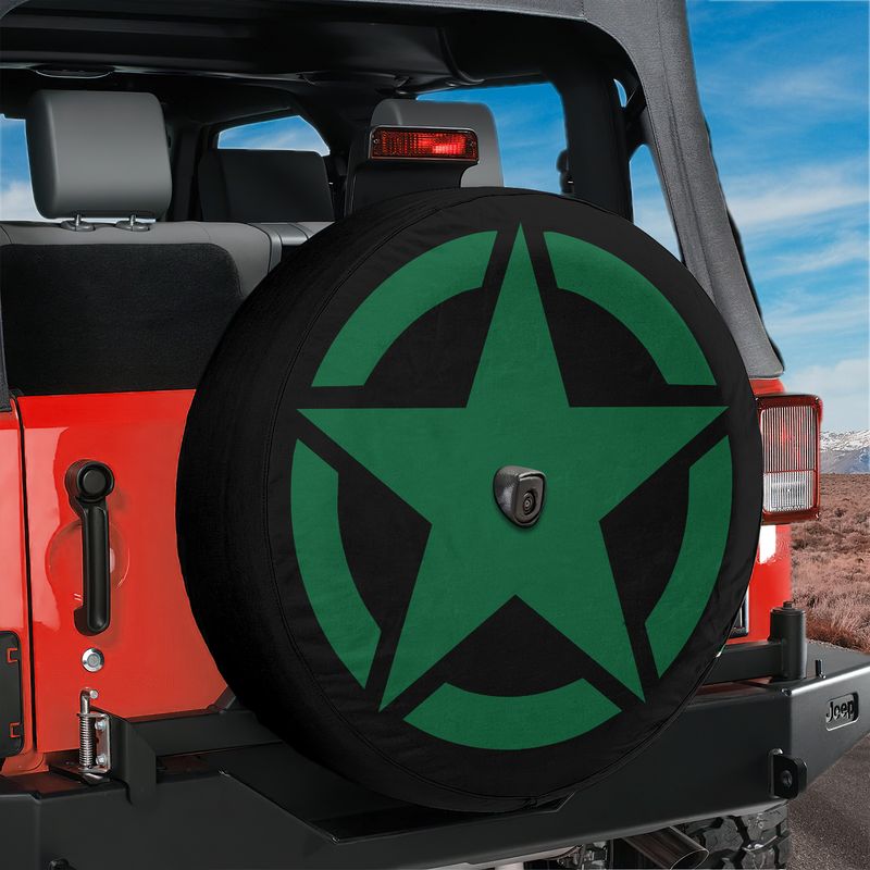 Green Military Star spare tire cover mounted on red Jeep rear with classic five point army star insignia design