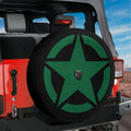 Green Military Star spare tire cover mounted on red Jeep rear with classic five point army star insignia design