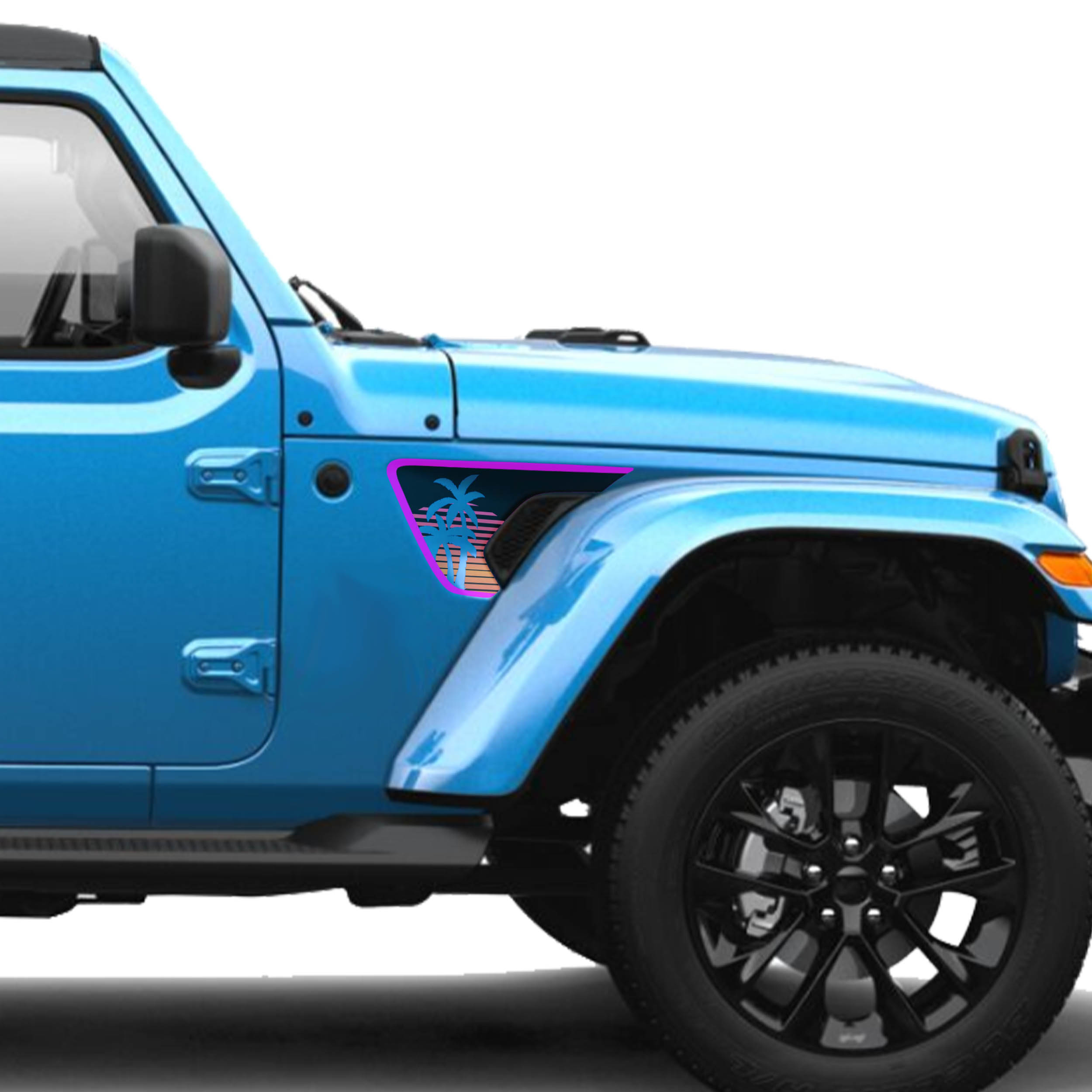 Retro sunset palm tree vent decal installed on a sky blue Jeep Wrangler JL front fender vent