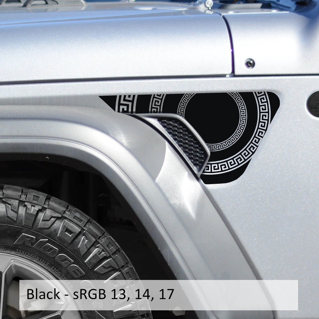 Black Greek Roman circle fender vent decal preview Jeep Wrangler JL Gladiator JT billet