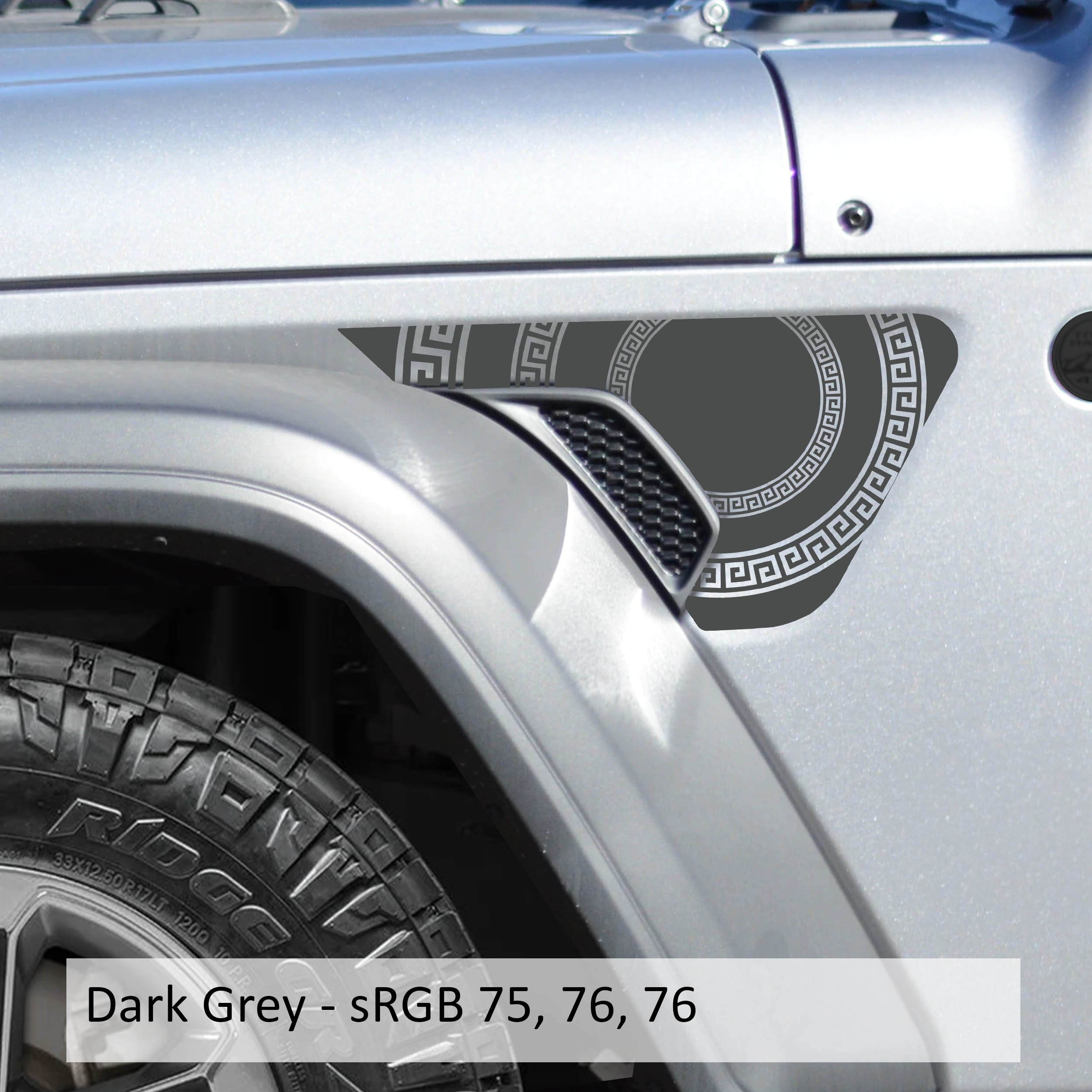 Dark Gray Greek Roman circle fender vent decal preview Jeep Wrangler JL Gladiator JT billet