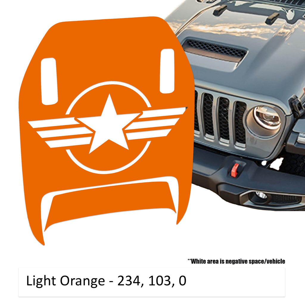 Light orange US Military Roundel Clawed Foot JL JT Mojave hood decal on Jeep Wrangler hood