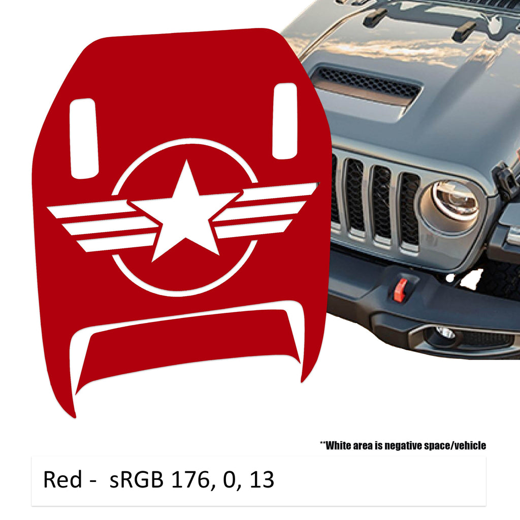 Red US Military Roundel Clawed Foot JL JT Mojave hood decal shown on Jeep Wrangler hood panel