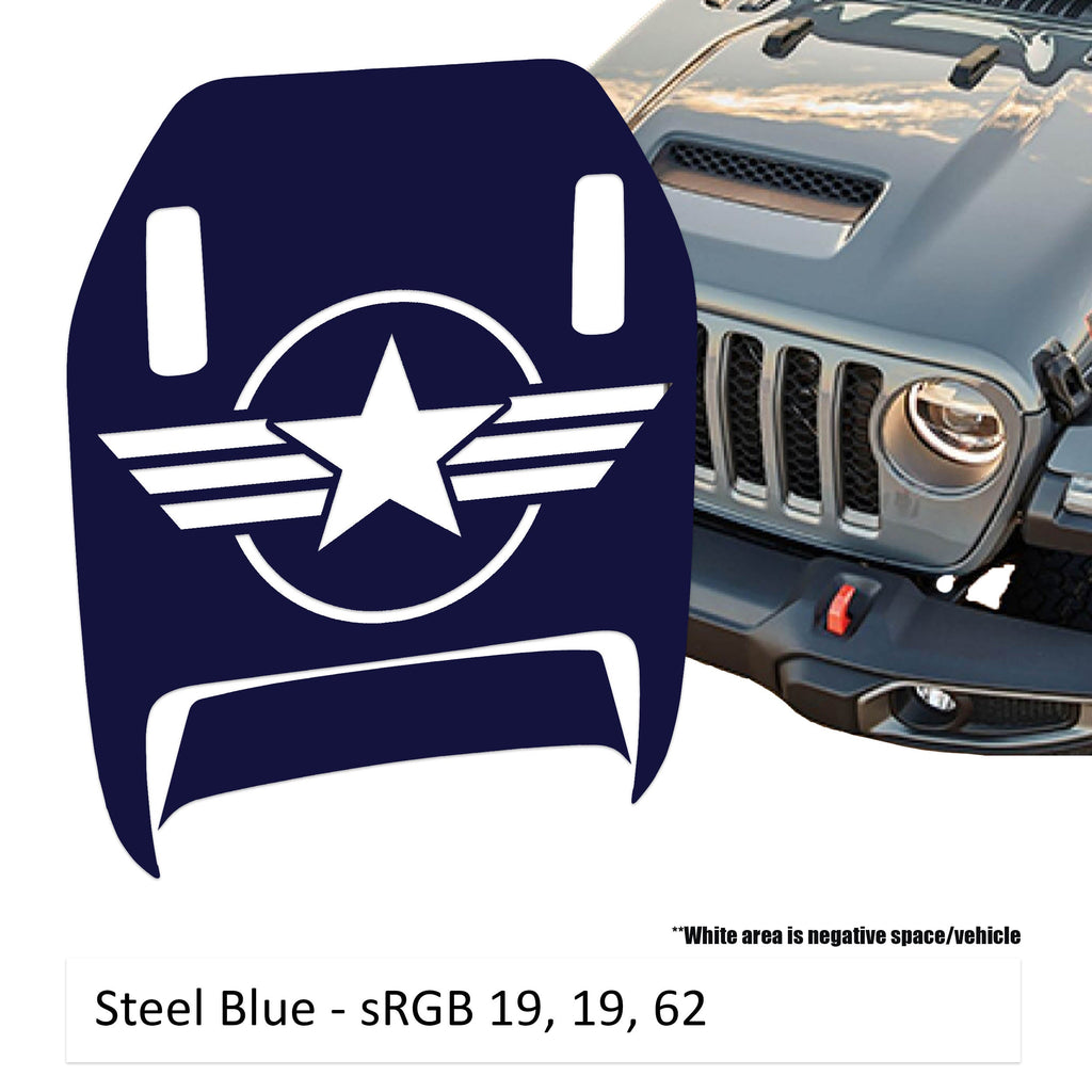 Steel blue US Military Roundel Clawed Foot JL JT Mojave hood decal on Jeep Wrangler hood