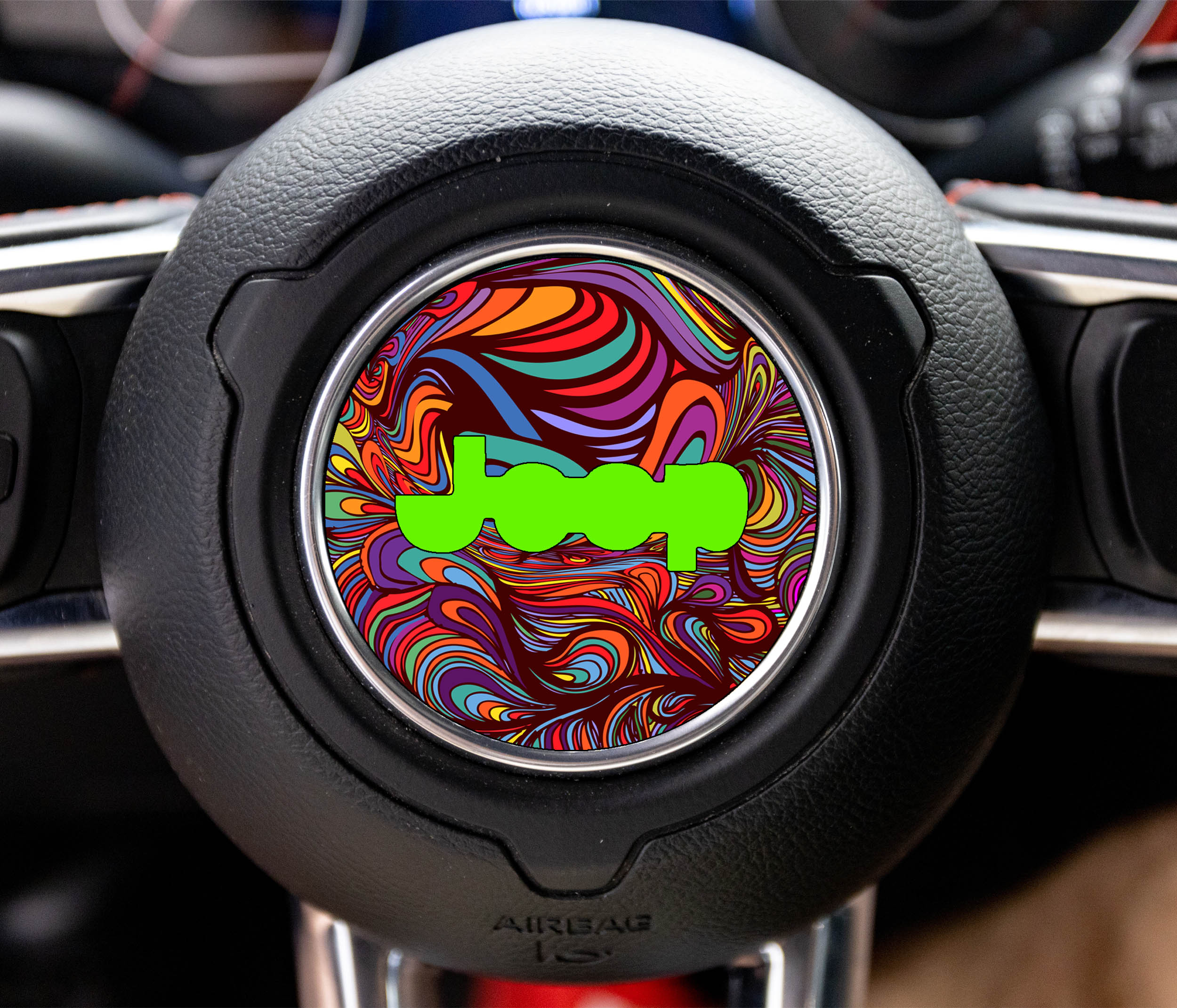 Psychedelic abstract swirl pattern Jeep steering wheel airbag center decal overlay in rich colors