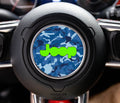 Marine digital blue camouflage Jeep steering wheel center decal with bright green Jeep logo overlay