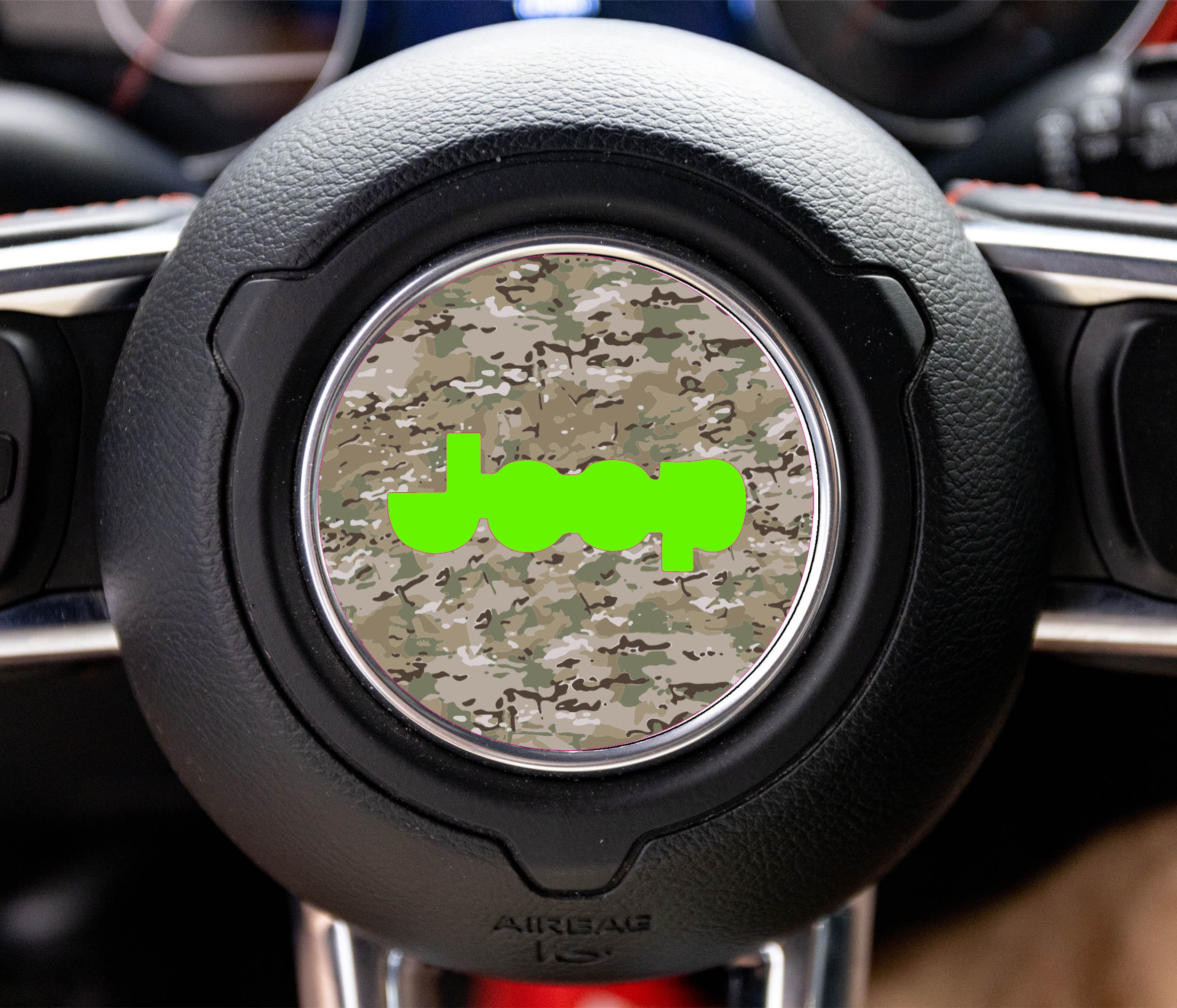 Multicam tan and green camouflage Jeep steering wheel center decal with bright green Jeep logo overlay