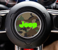 Woodland green and brown camouflage Jeep steering wheel center decal with bright green Jeep logo overlay