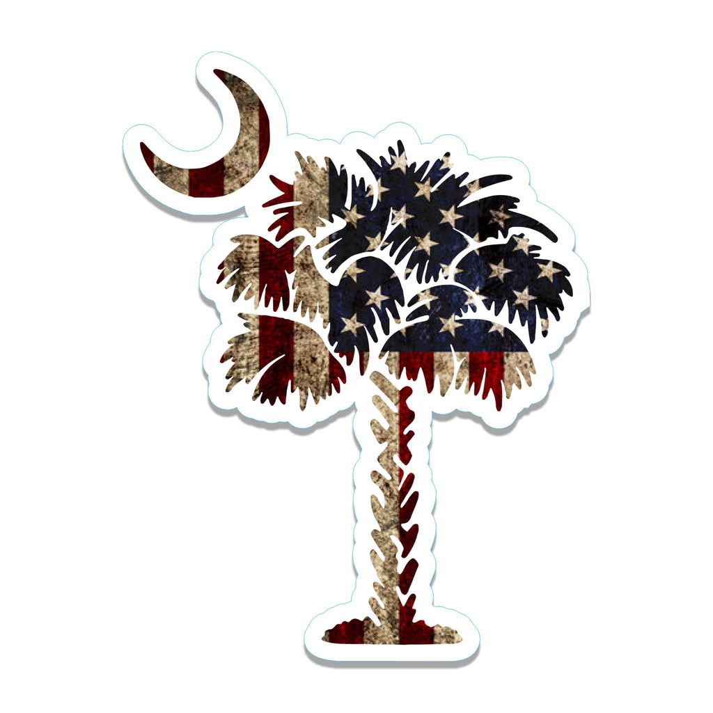 Weathered Palmetto State tree moon sticker filled with faded US flag stars stripes for SC patriot pride