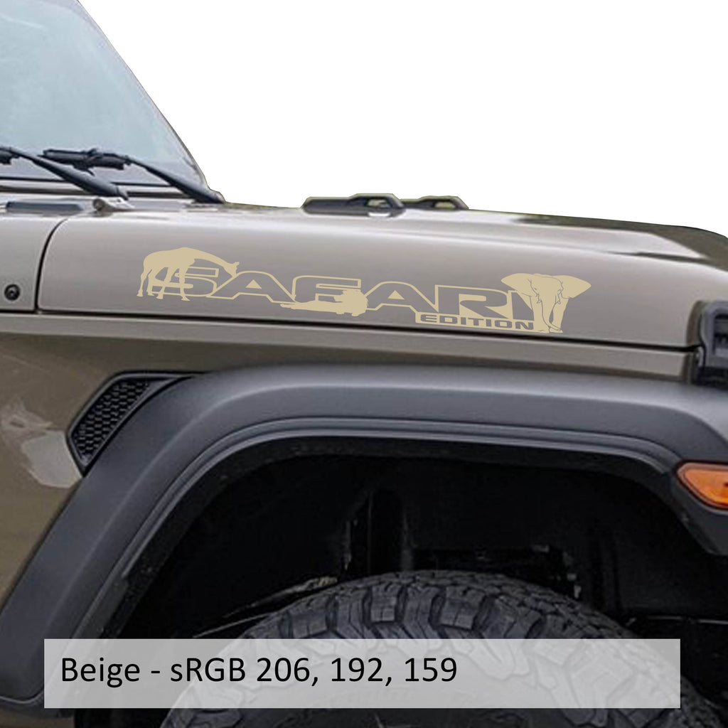 Beige Safari Edition giraffe and elephant outline letter side hood decal pair close-up product view