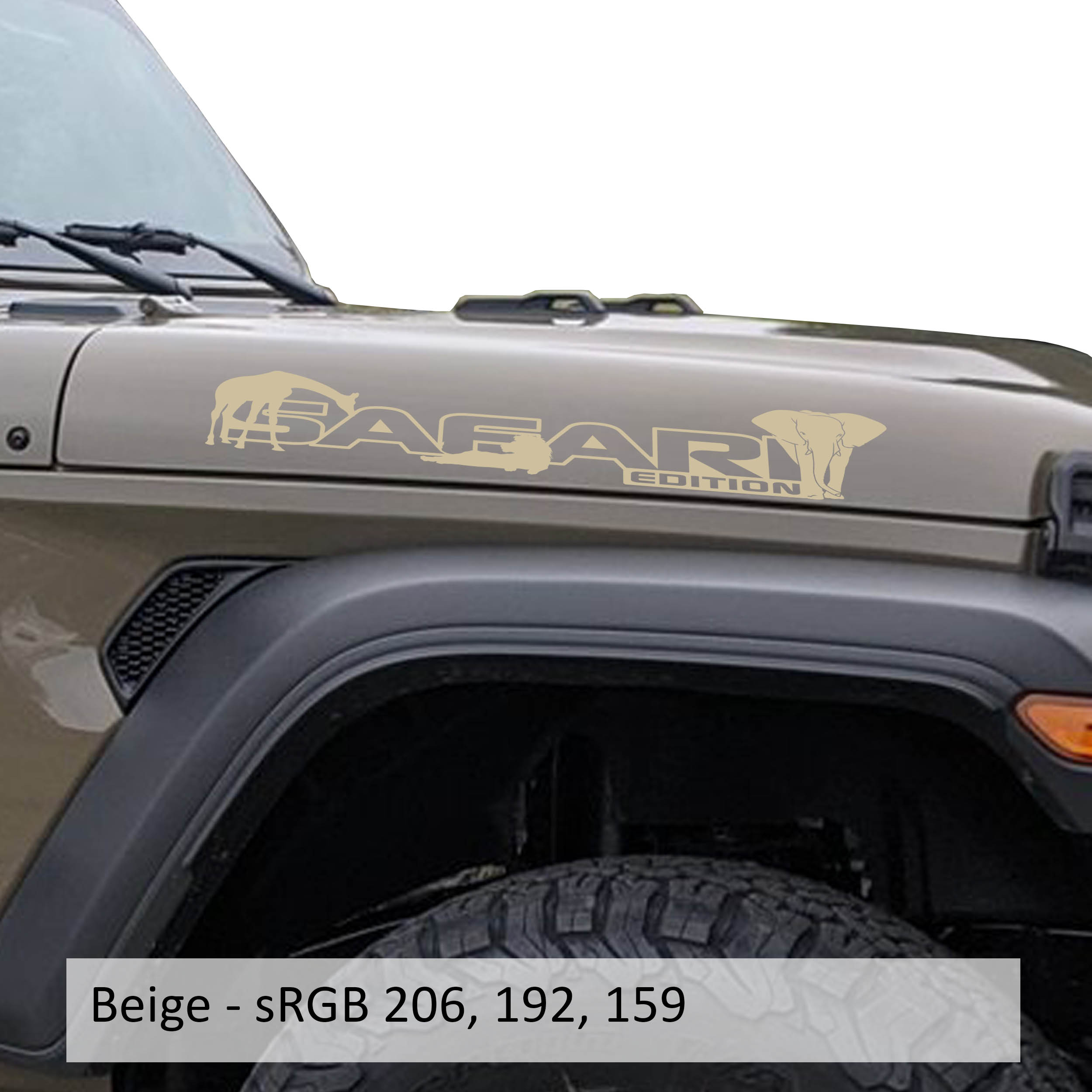 Beige Safari Edition giraffe and elephant outline letter side hood decal pair close-up product view