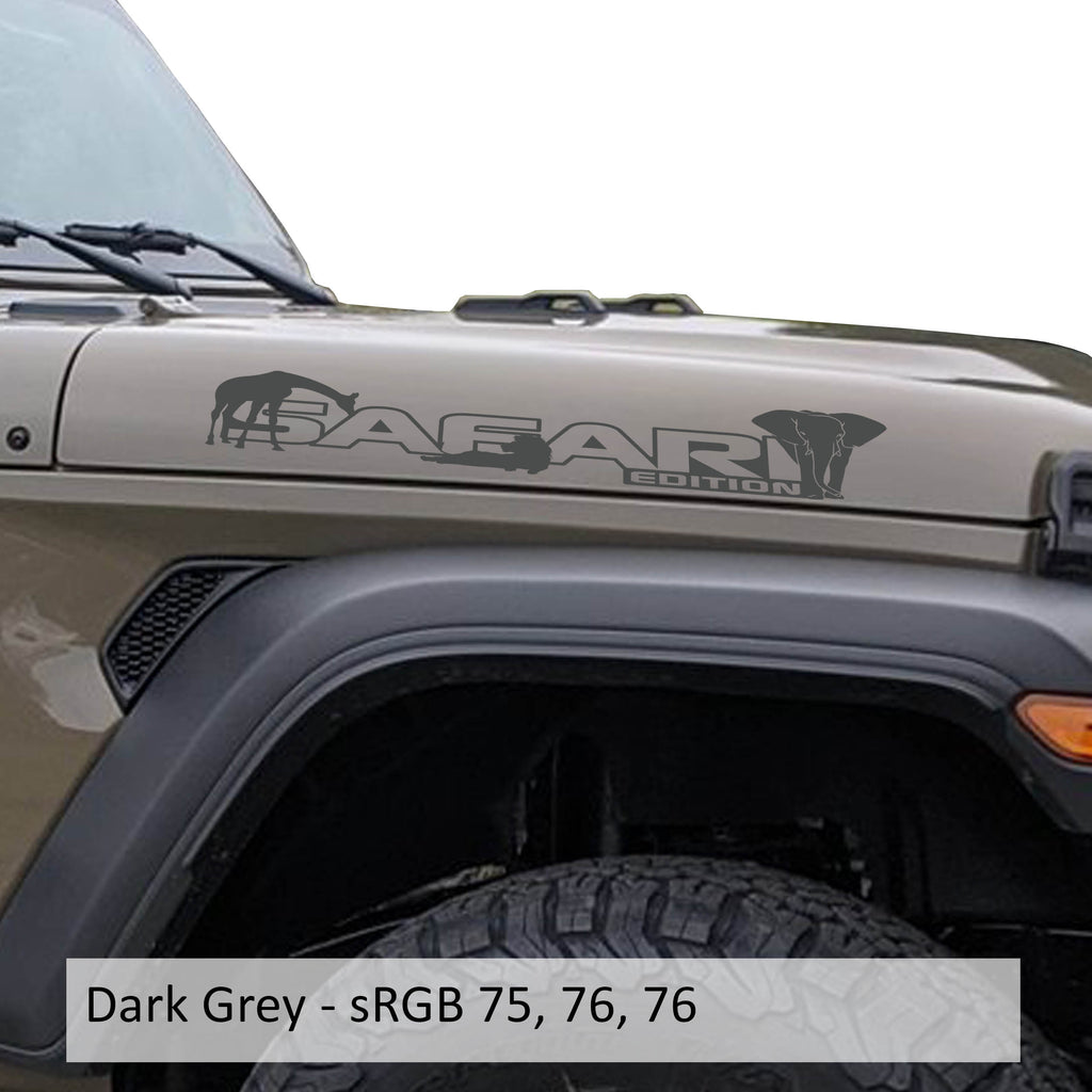 Dark gray Safari Edition giraffe and elephant outline letter side hood decal pair close-up product view