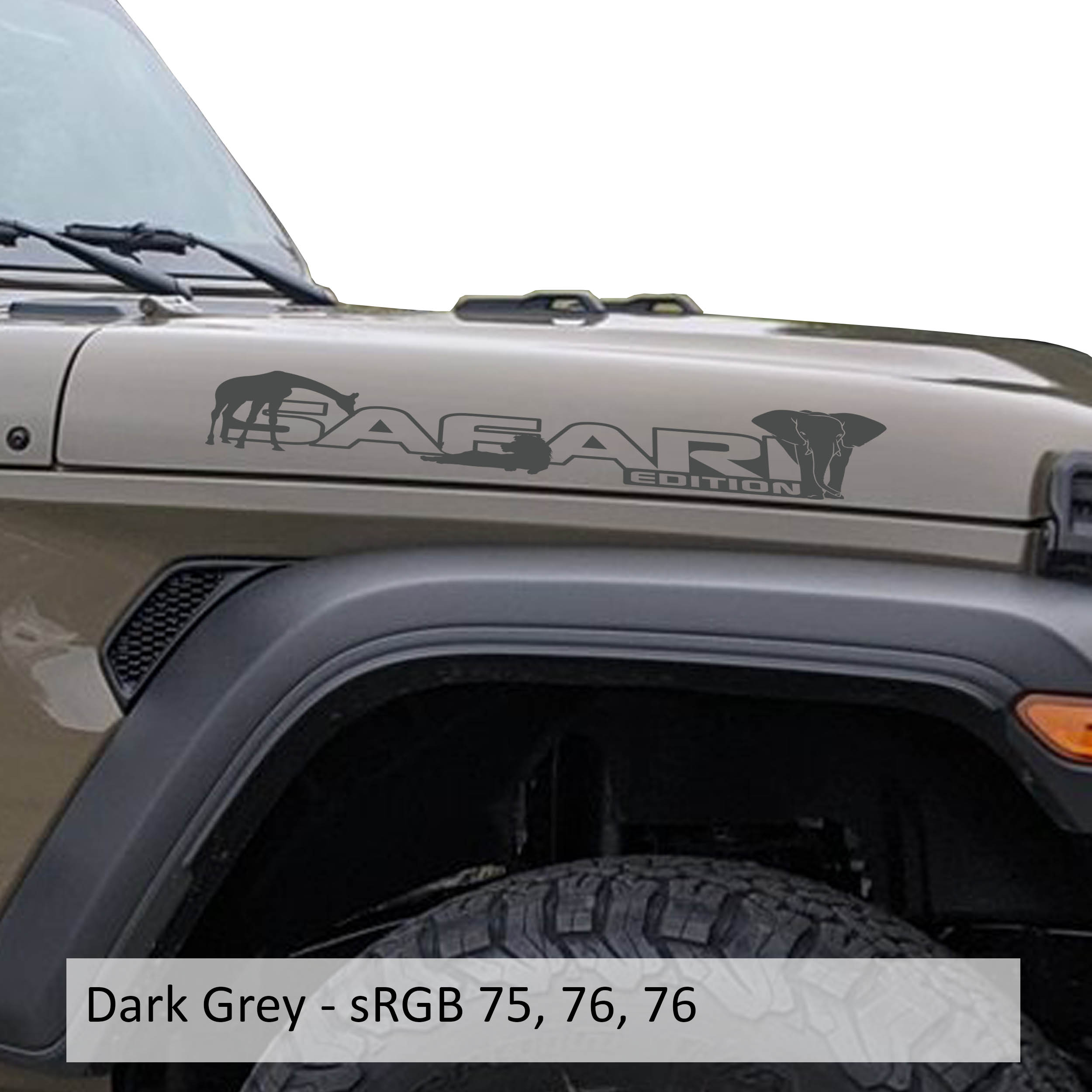 Dark gray Safari Edition giraffe and elephant outline letter side hood decal pair close-up product view