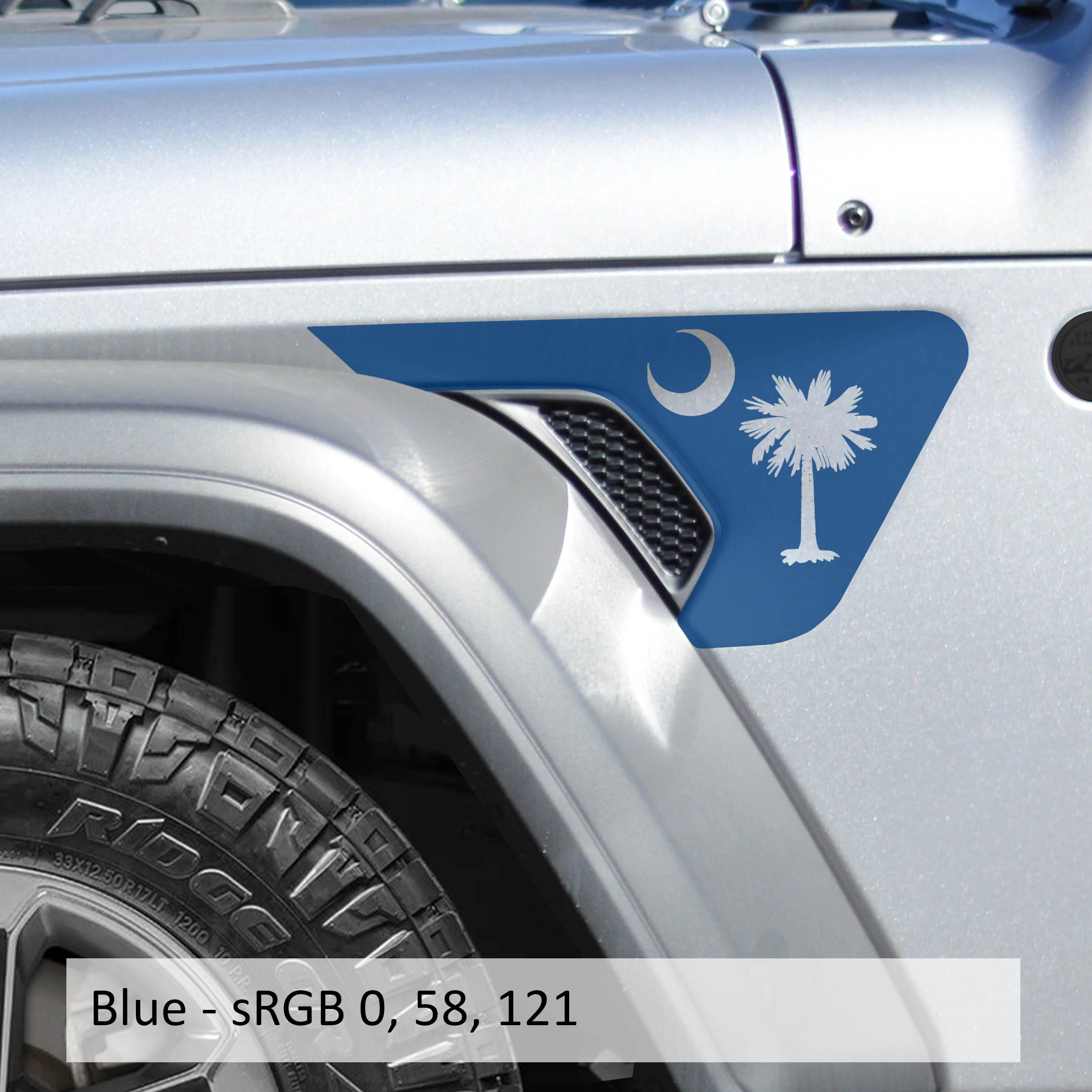 Blue South Carolina palmetto logo decal on Jeep billet aluminum fender vent insert