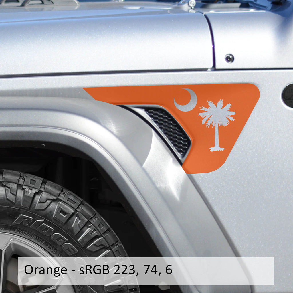 Orange South Carolina palmetto logo decal on Jeep billet aluminum fender vent insert