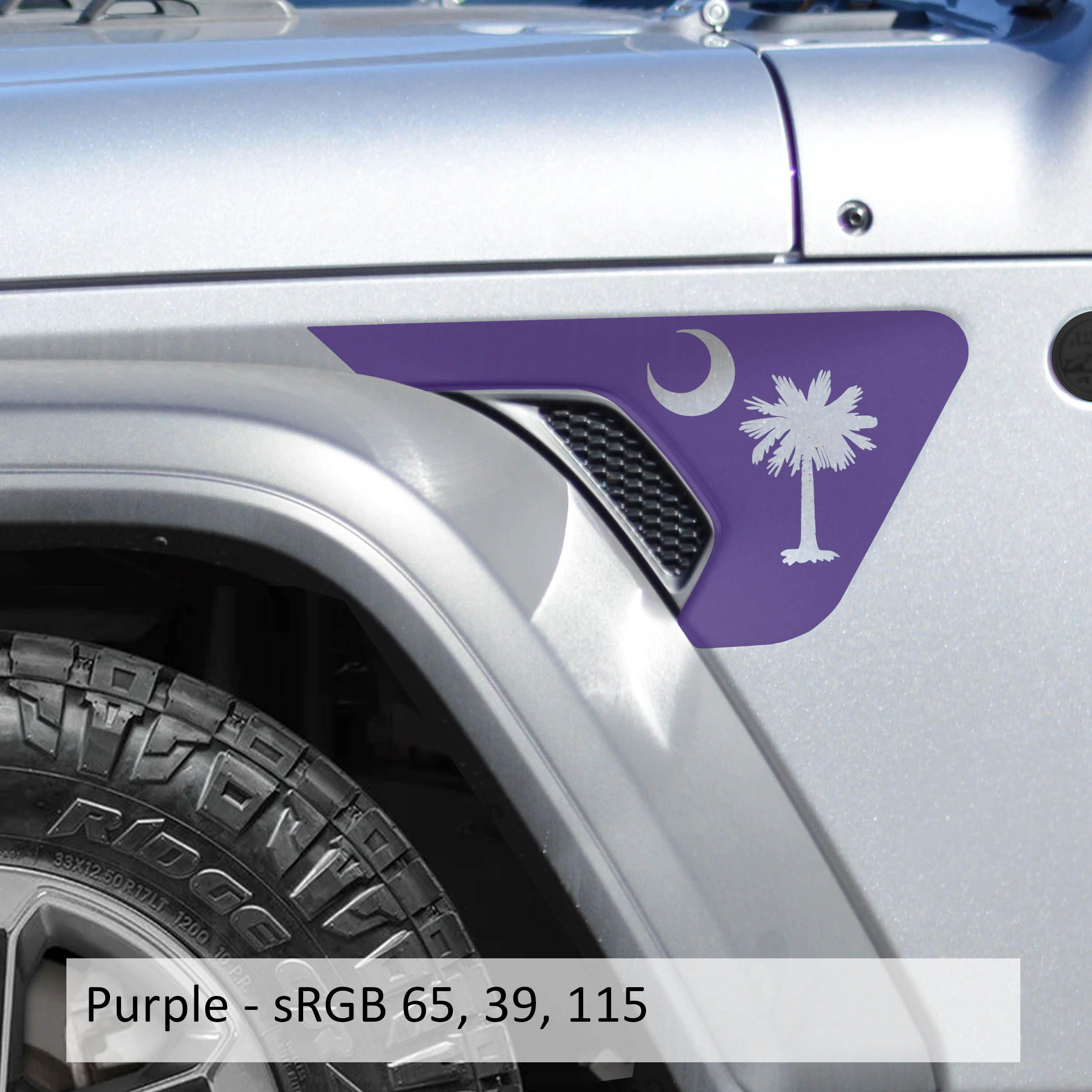 Purple South Carolina palmetto logo decal on Jeep billet aluminum fender vent insert
