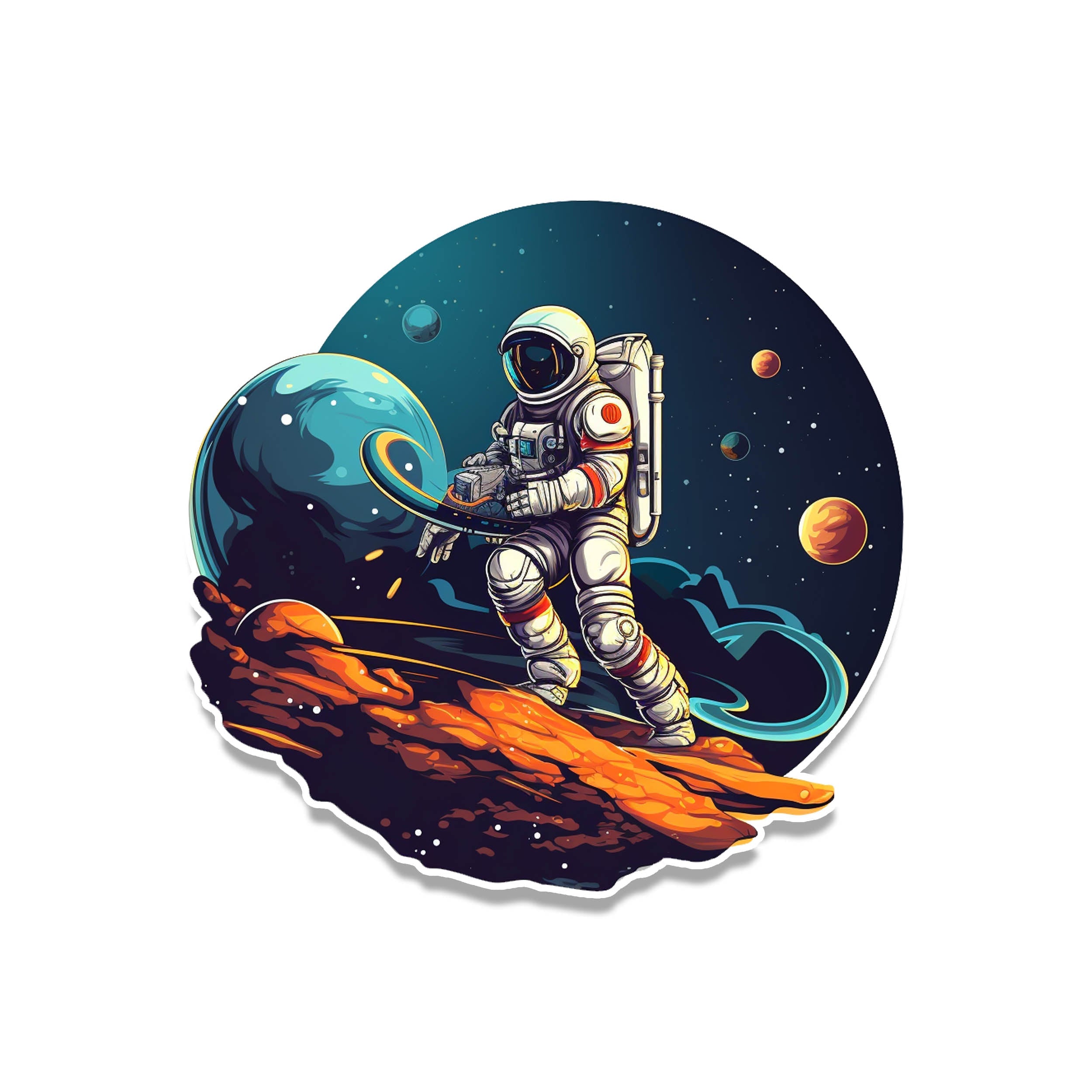 Cartoon astronaut riding a fiery orange asteroid past a teal planet in a dark starlit sci-fi sticker scene