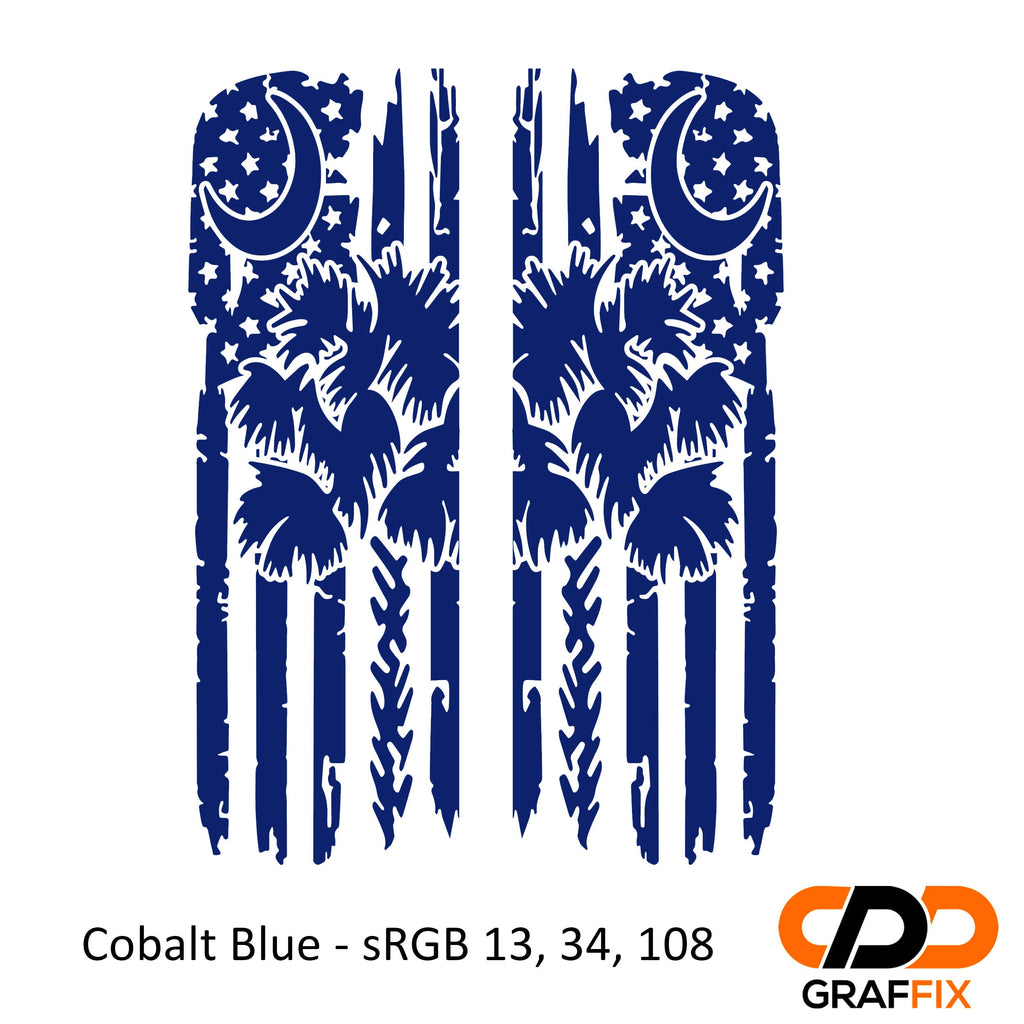 Cobalt blue tattered American flag with Palmetto crescent moon side window vinyl decal close-up view