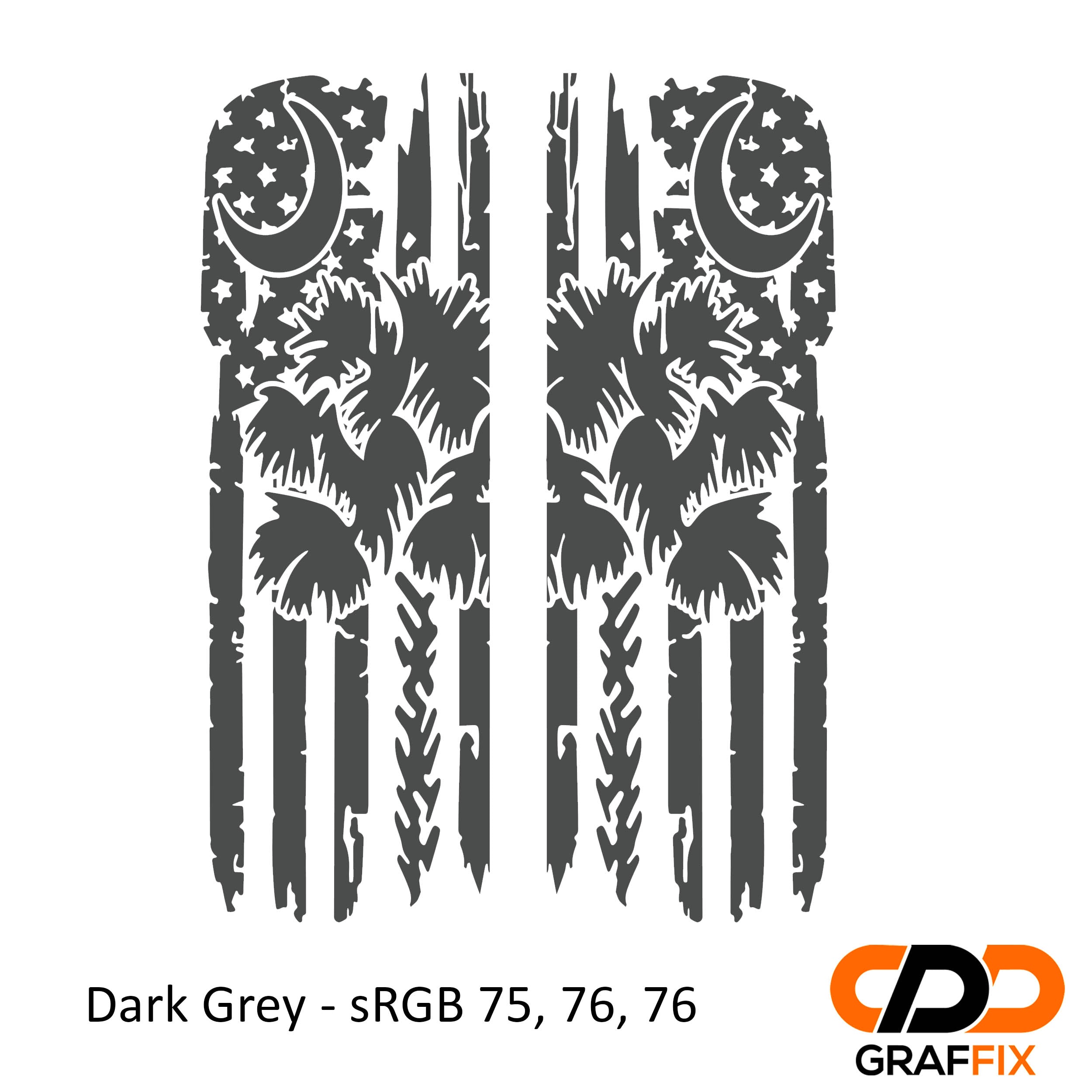 Dark gray tattered American flag with Palmetto crescent moon side window vinyl decal close-up view