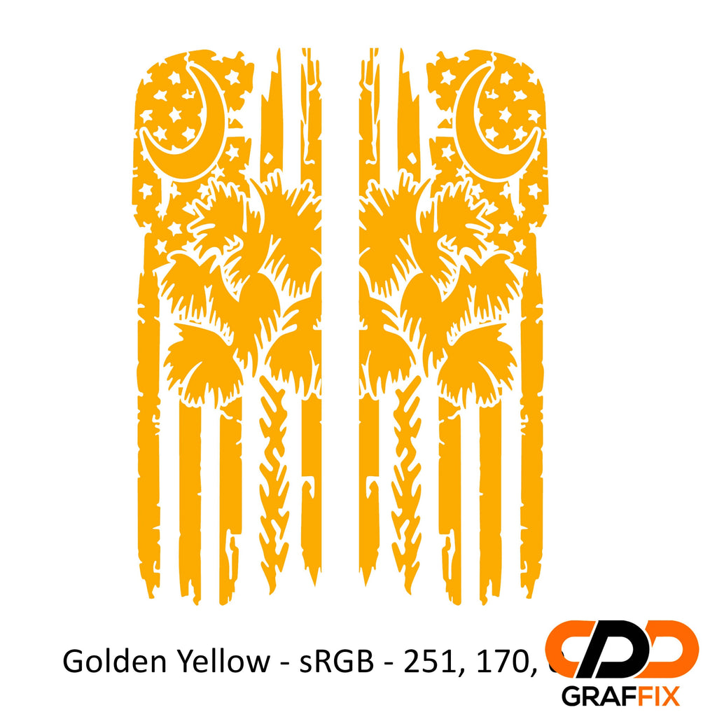 Golden yellow tattered American flag with Palmetto crescent moon side window vinyl decal close-up view