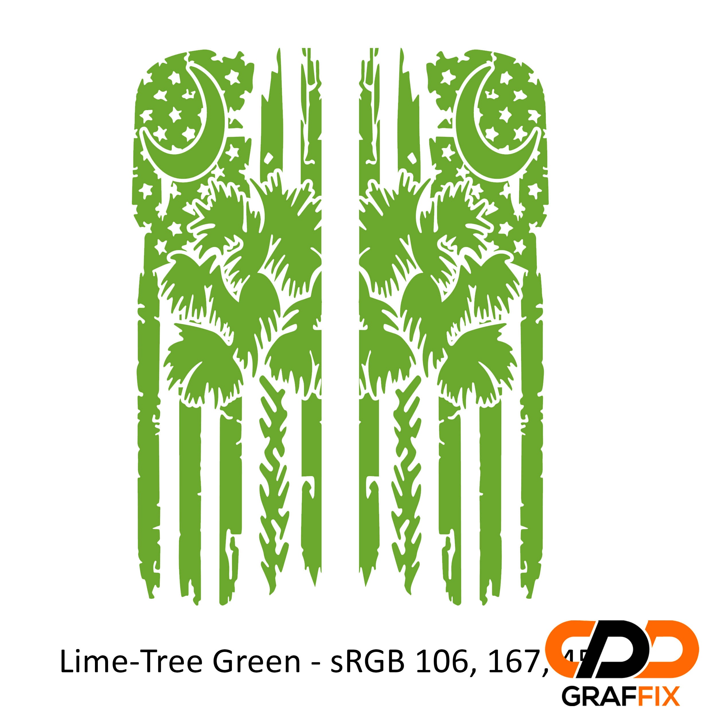 Lime green tattered American flag with Palmetto crescent moon side window decal close-up view