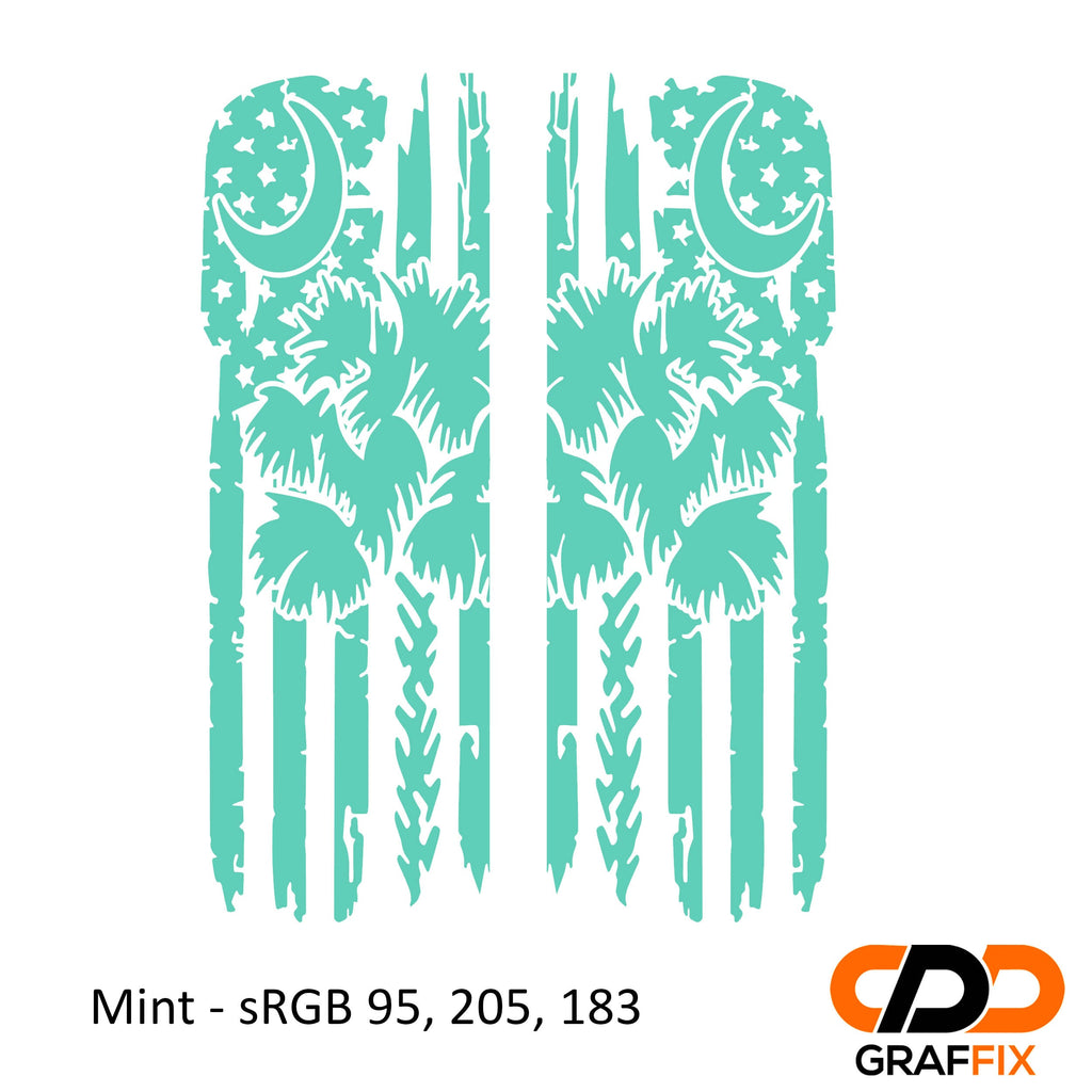 Mint tattered American flag with Palmetto crescent moon side window vinyl decal close-up view