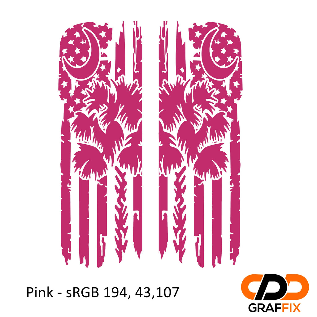 Pink tattered American flag with Palmetto crescent moon side window vinyl decal close-up view