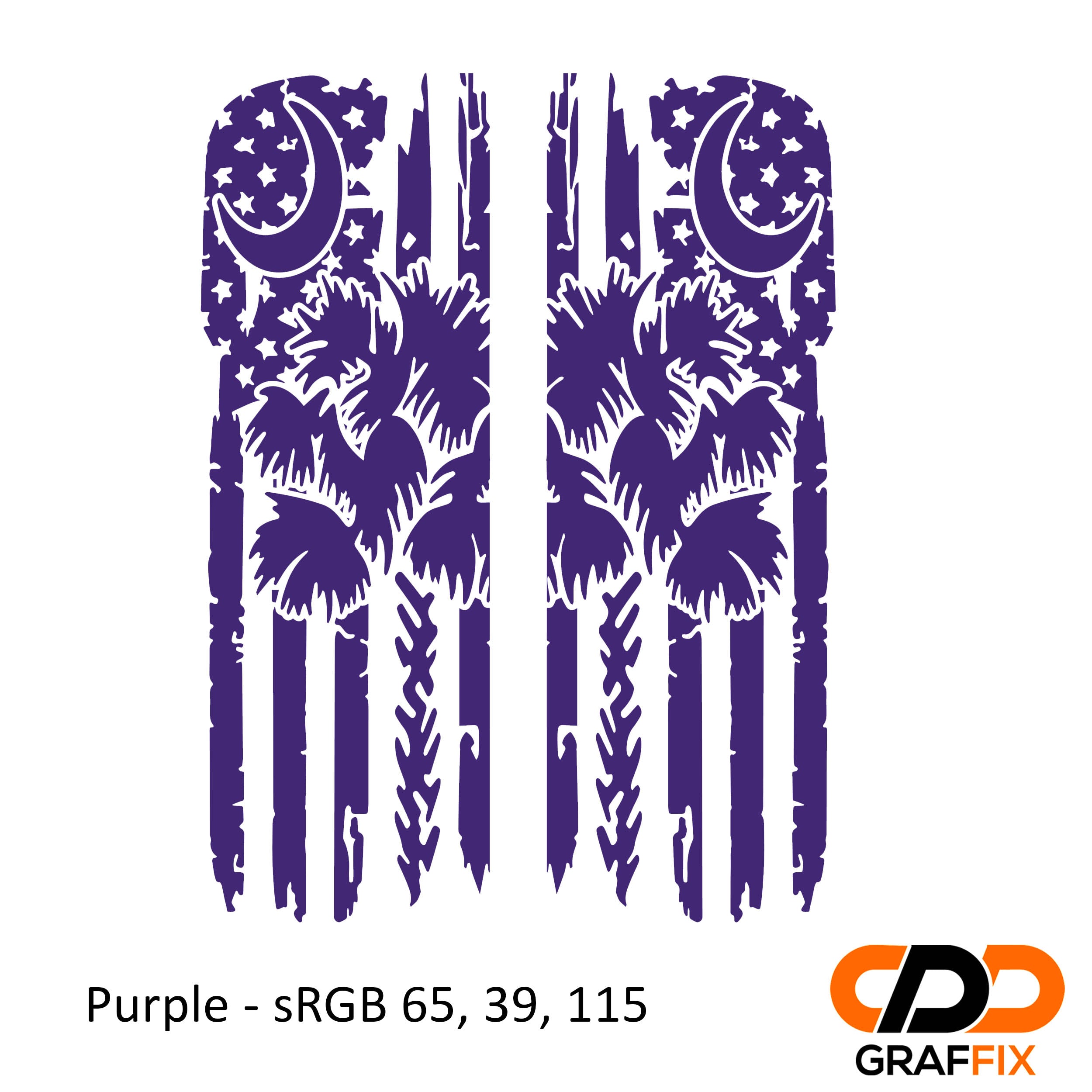 Purple tattered American flag with Palmetto crescent moon side window vinyl decal close-up view