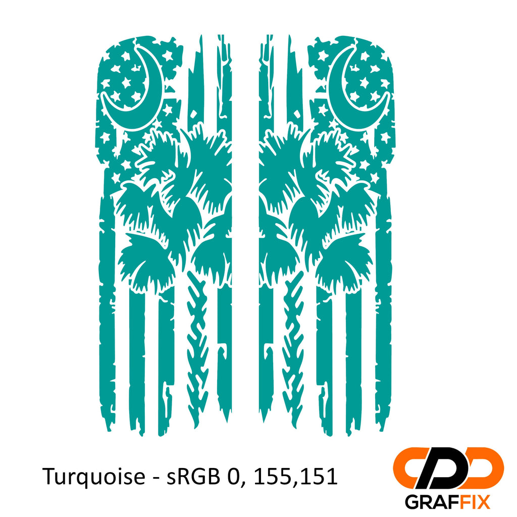 Turquoise tattered American flag with Palmetto crescent moon side window vinyl decal close-up view