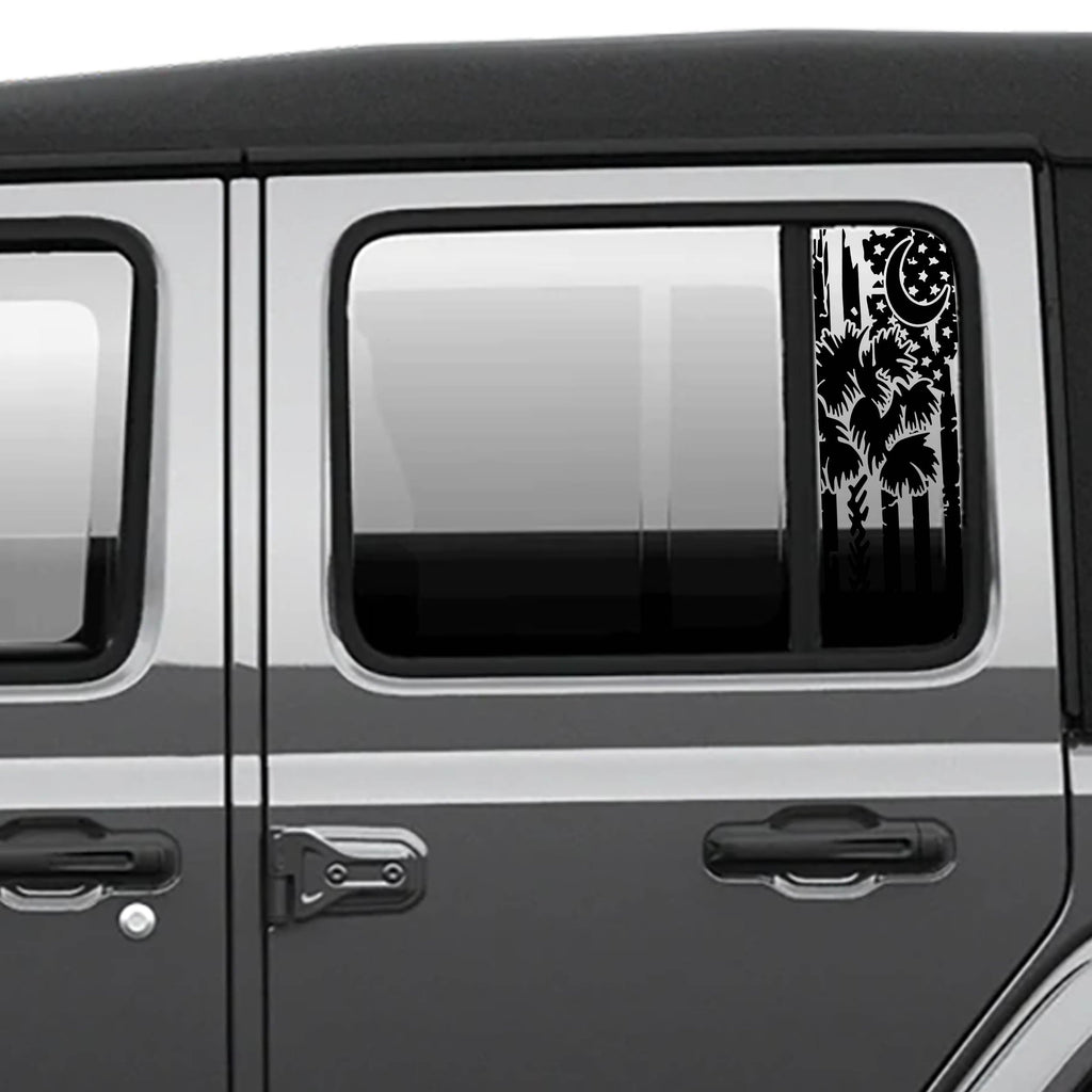 Black tattered American flag with Palmetto crescent moon side window decal on gray Jeep Wrangler JL