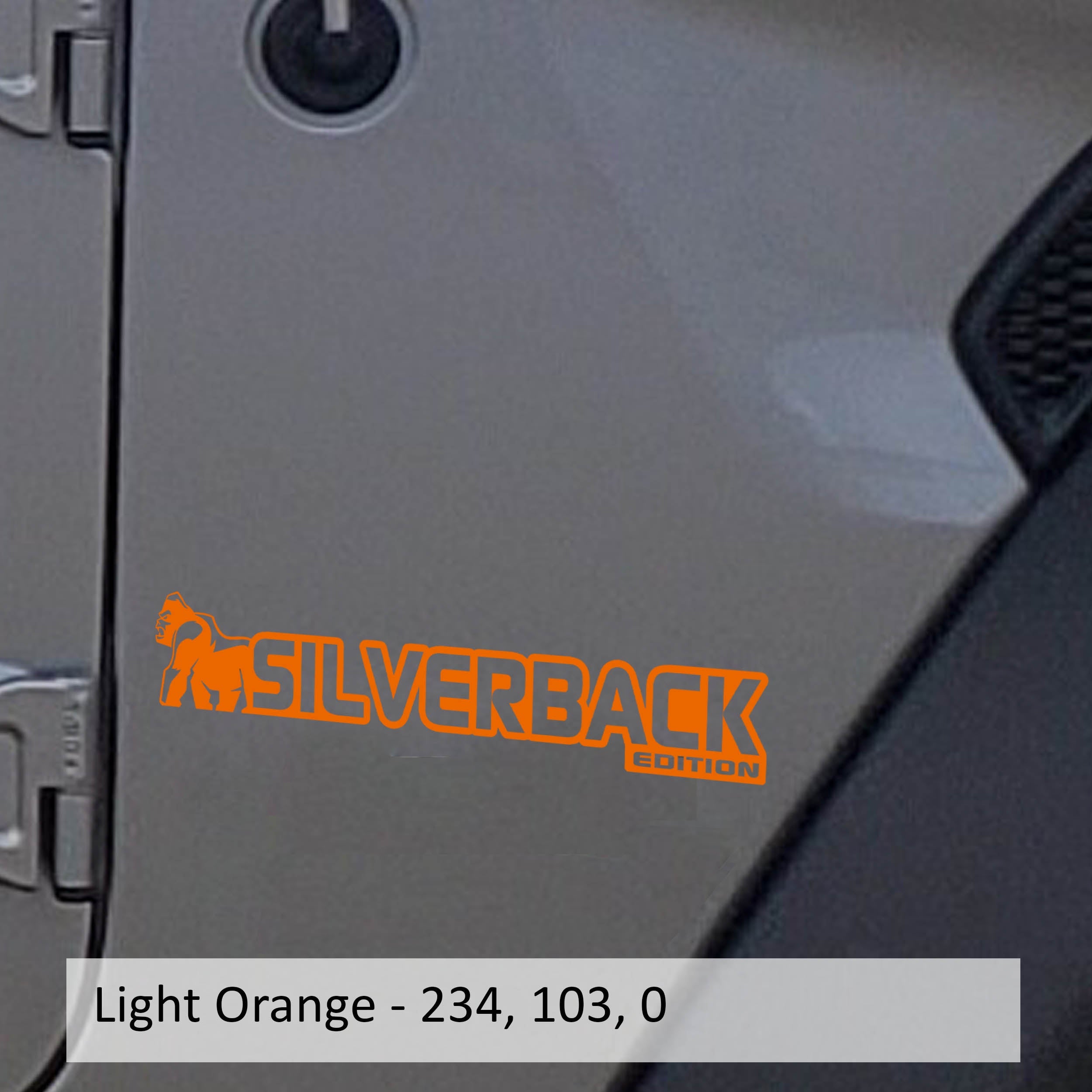 Light orange Silverback Edition Wrangler fender vinyl decal pair with gorilla mountain silhouette art.