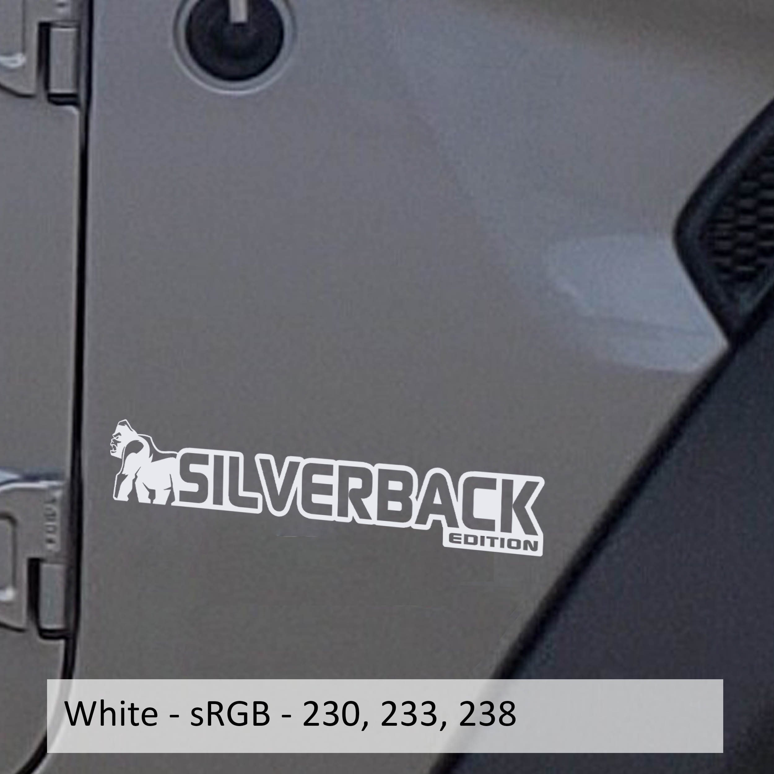 White Silverback Edition Jeep Wrangler fender vinyl decal pair featuring gorilla and mountain artwork.