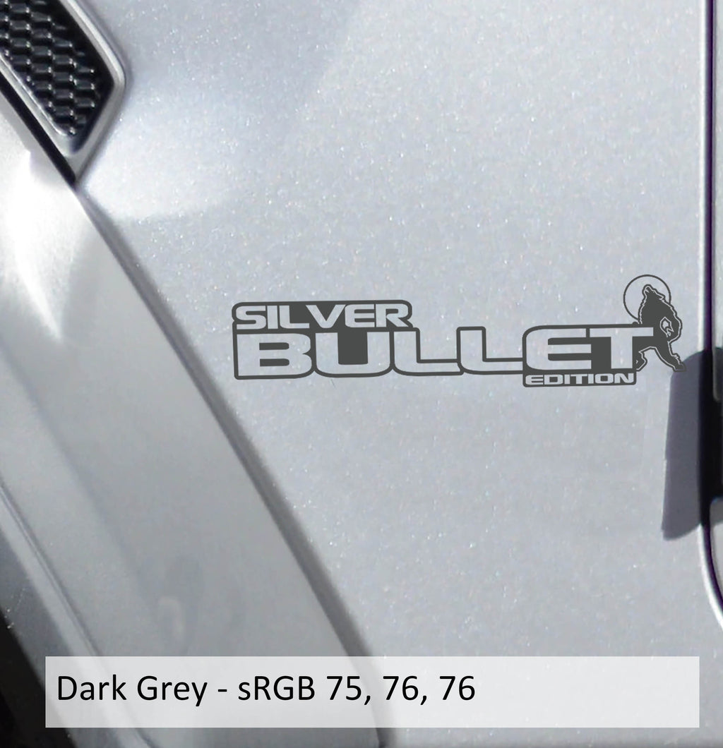 Dark grey Silver Bullet Edition ram fender decal pair on Jeep Wrangler JL Gladiator JT side hood