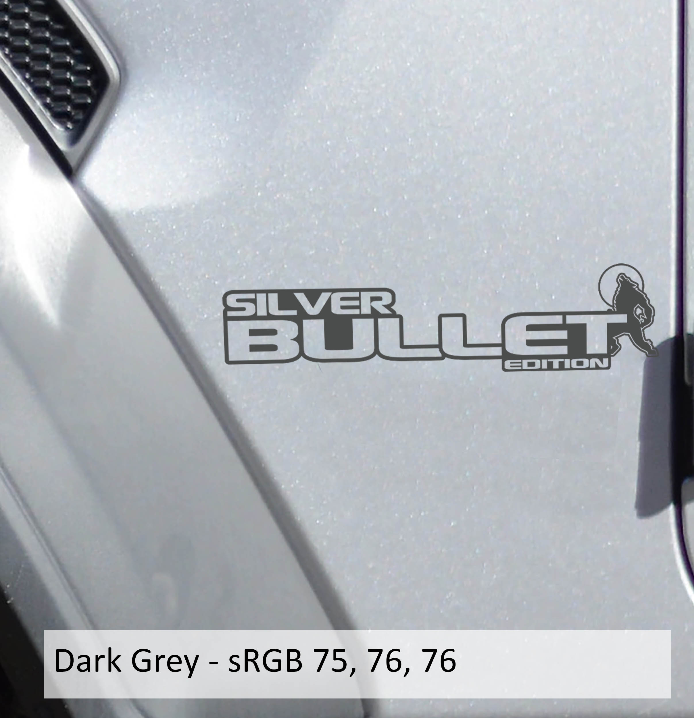 Dark grey Silver Bullet Edition ram fender decal pair on Jeep Wrangler JL Gladiator JT side hood