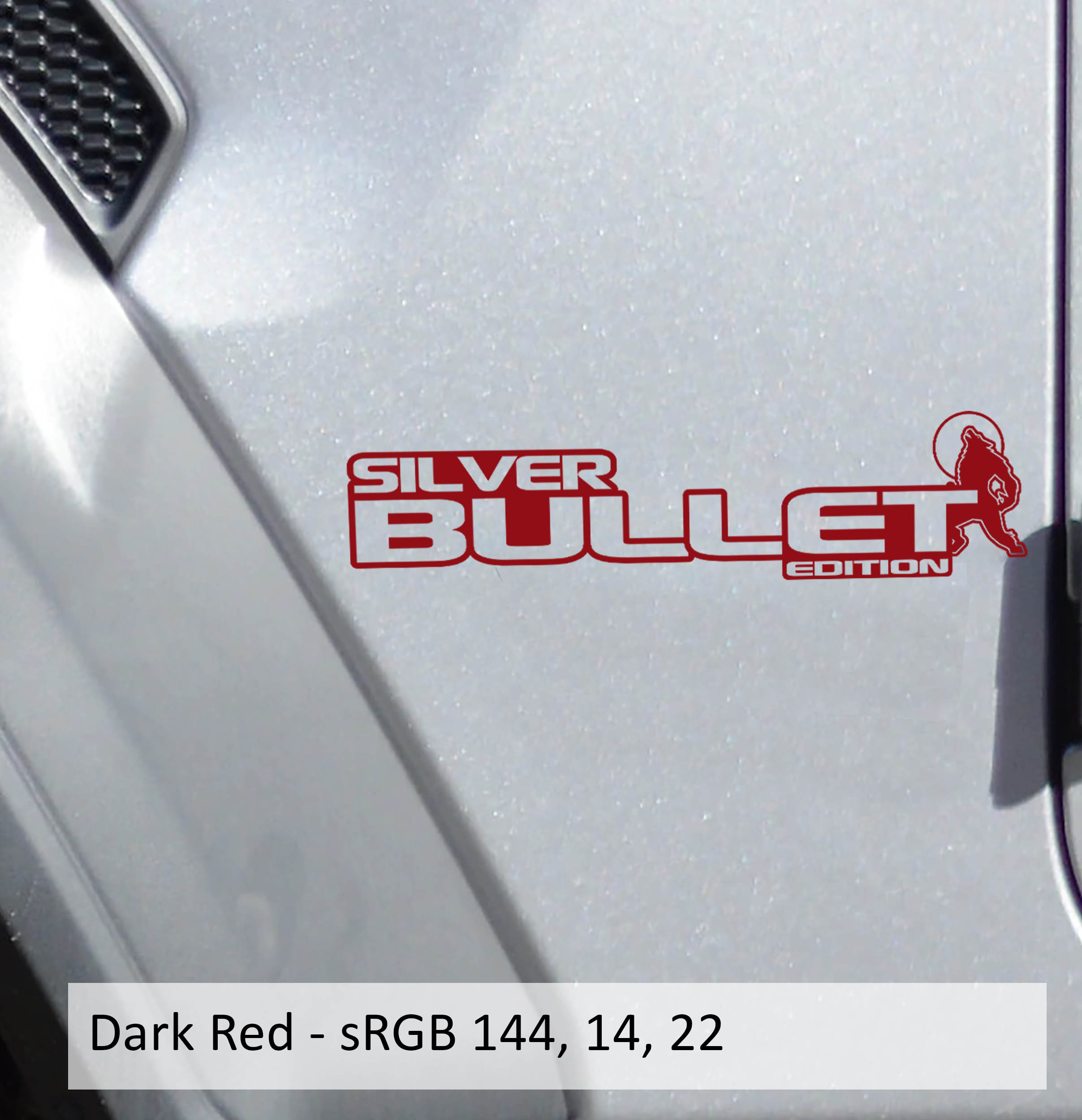 Dark red Silver Bullet Edition ram fender decal pair on Jeep Wrangler JL Gladiator JT side hood