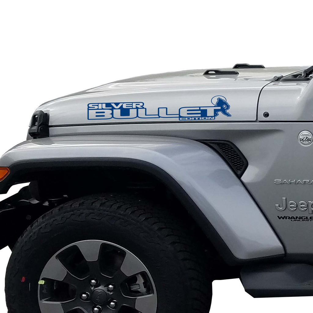 Silver Bullet Edition Jeep hood decal pair displayed in royal blue vinyl on a clean white studio backdrop