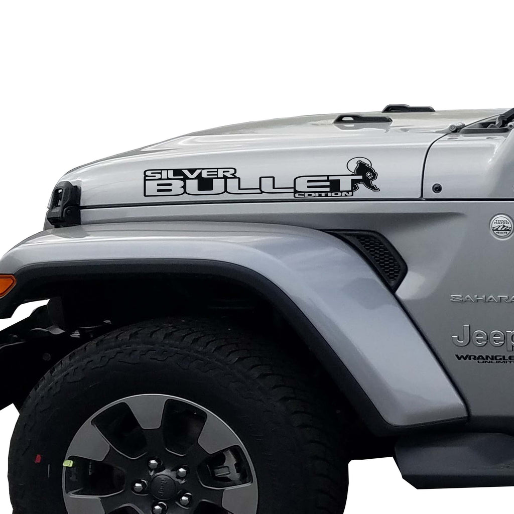 Silver Bullet Edition Jeep hood decal pair shown in glossy black vinyl on a clean white backdrop image