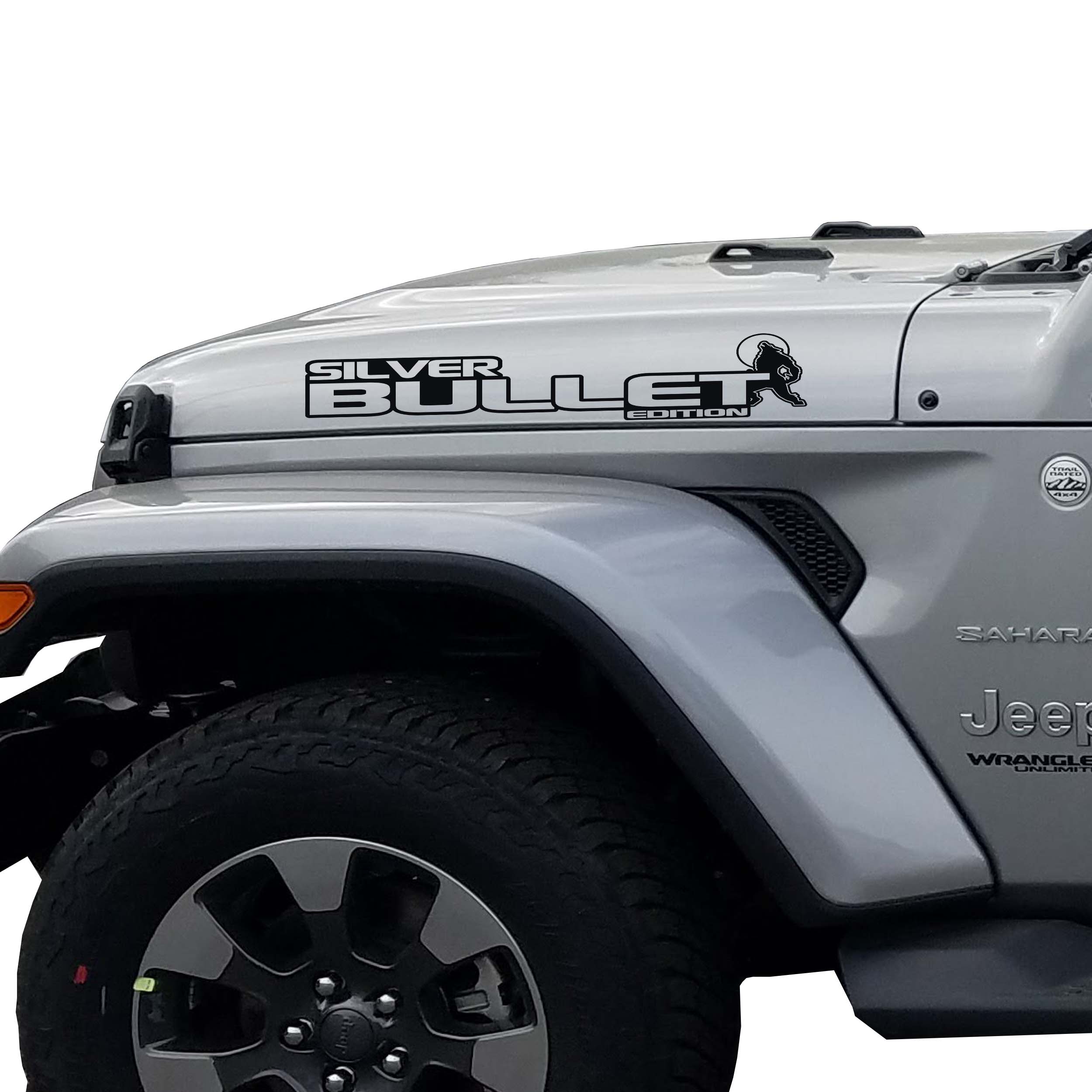 Silver Bullet Edition Jeep hood decal pair shown in glossy black vinyl on a clean white backdrop image