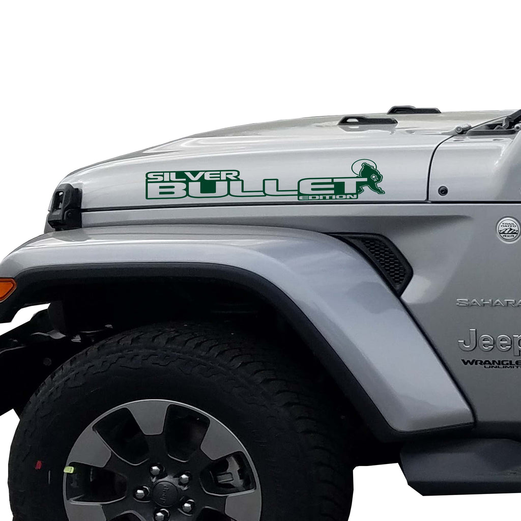 Silver Bullet Edition Jeep hood decal pair in dark green vinyl on a clean white studio backdrop sample