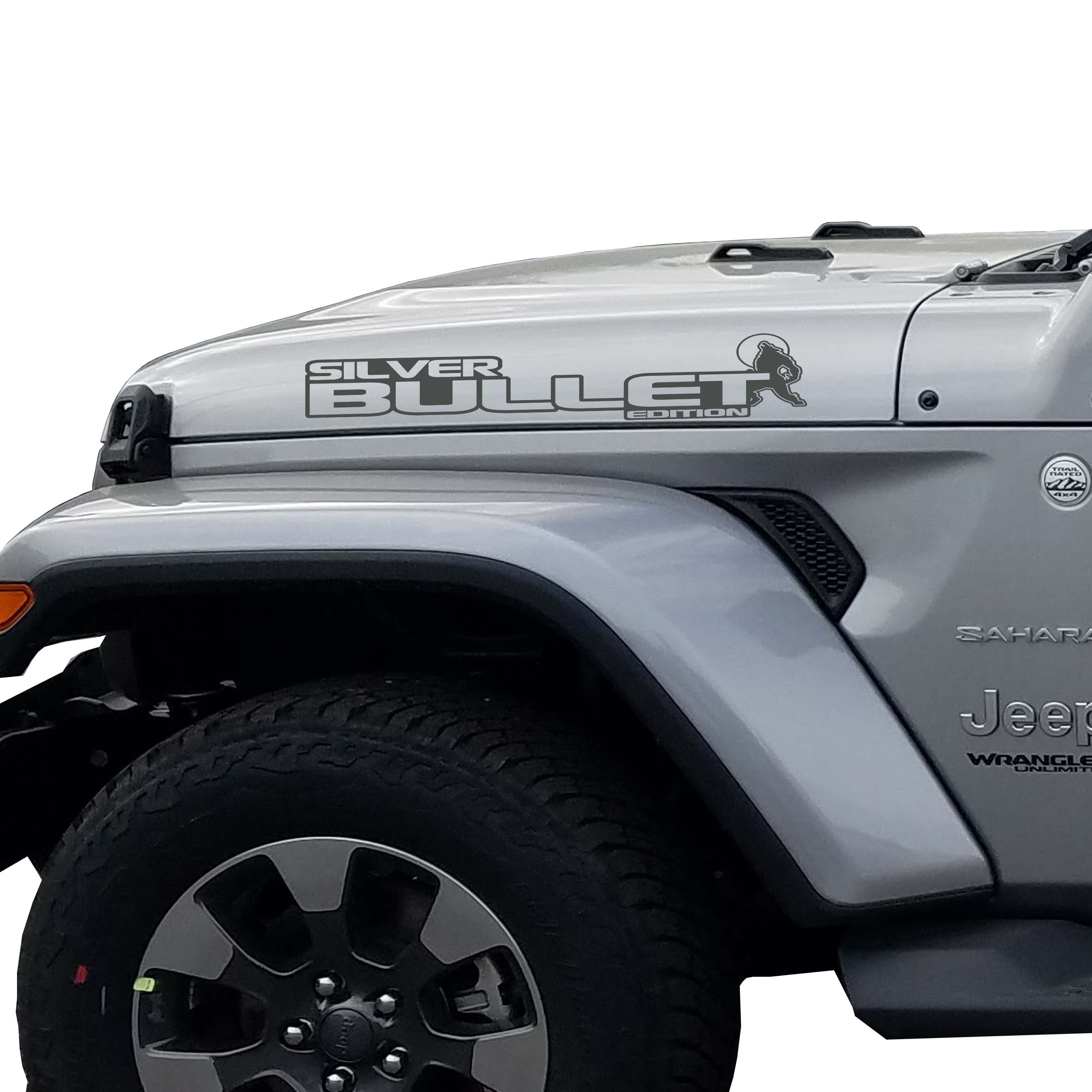 Silver Bullet Edition Jeep hood decal pair shown in dark gray vinyl on a clean white promo backdrop