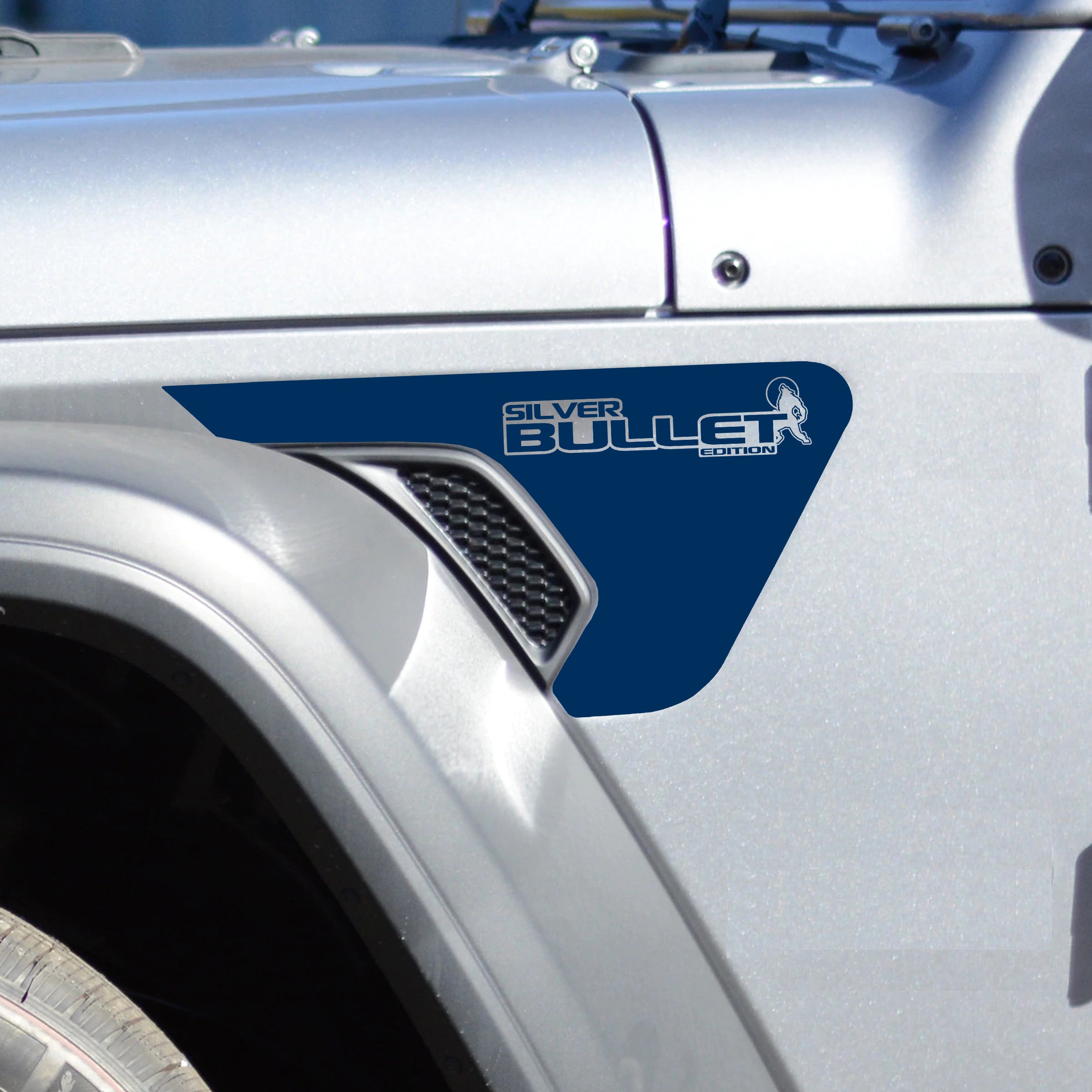 Silver Bullet Edition Jeep Wrangler vent decal pair in steel blue vinyl with silver bullet badges
